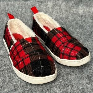 TOMS Youth Alpargata Red Tartan Printed Felt Faux Fur- Sz‎ 3